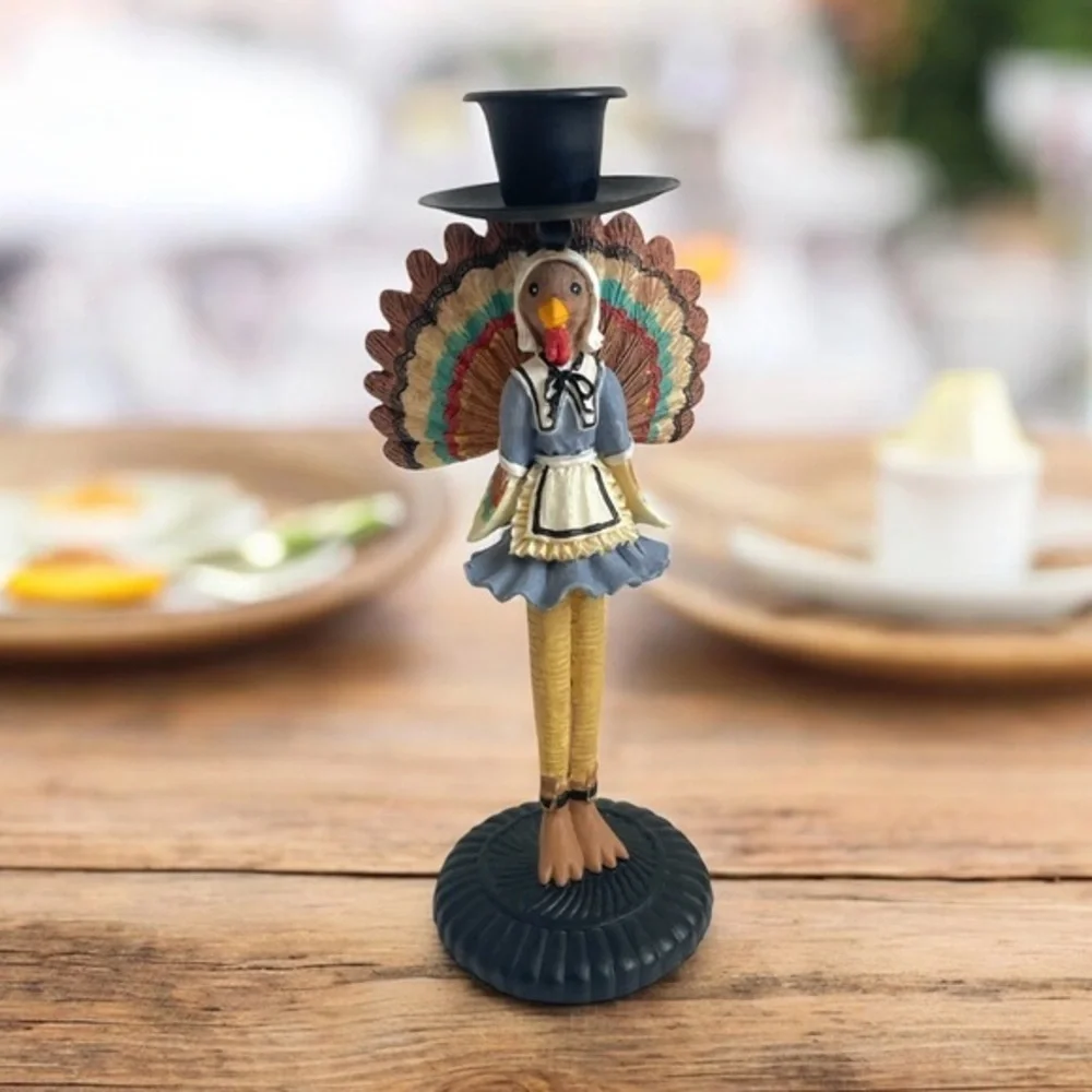 Turkey Figurine Taper Candle Holder Whimsy Thanksgiving Decor